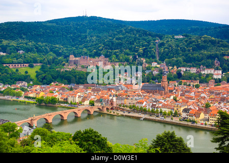 Germany, Europe, travel, Heidelberg, Karl-Theodor Bridge, Heidelburg, Castle, architecture, bridge, castle, city, river, tourism Stock Photo