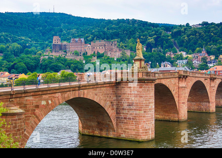 Germany, Europe, travel, Heidelberg, Karl-Theodor Bridge, Heidelburg, Castle, architecture, bridge, castle, city, river, tourism Stock Photo