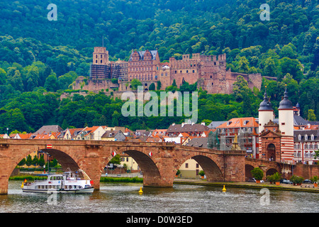 Germany, Europe, travel, Heidelberg, Karl-Theodor Bridge, Heidelburg, Castle, architecture, bridge, castle, city, river, tourism Stock Photo