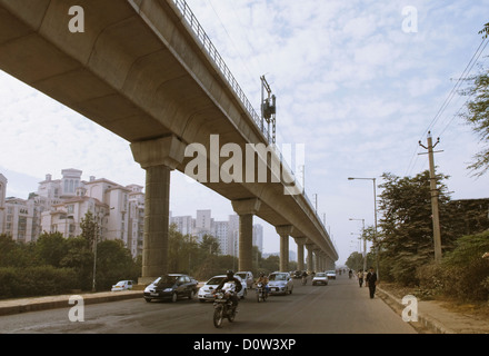 Elevated railroad in a city, Gurgaon, Haryana, India Stock Photo