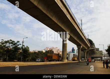 Elevated railroad in a city, Gurgaon, Haryana, India Stock Photo