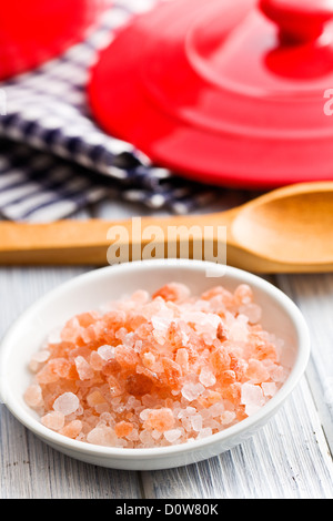 himalayan pink salt in ceramic bowl Stock Photo