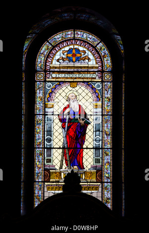 Saint Andrew on stained glass window in the St Stephen Basilica in Budapest, Hungary. Stock Photo