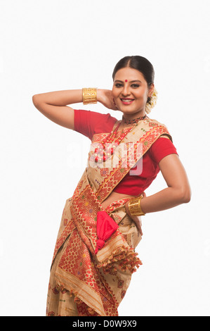 Portrait of a woman dancing on Bihu festival Stock Photo