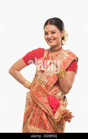 Portrait of a woman dancing on Bihu festival Stock Photo