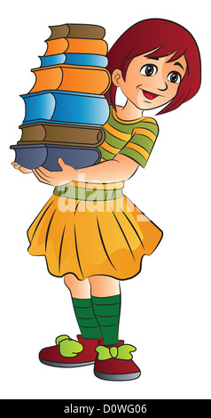 Girl Carrying a Stack of Books, vector illustration Stock Photo