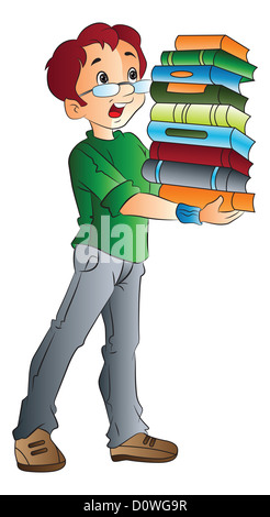 Young Man Carrying a Pile of Books, vector illustration Stock Photo