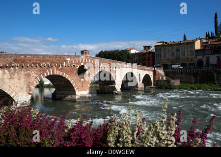 View to Saint Peter bridge and Adige river in Verona, Italy Stock Photo