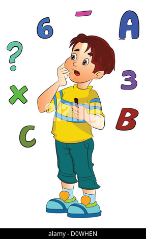 Boy Solving a Math Problem, vector illustration Stock Photo