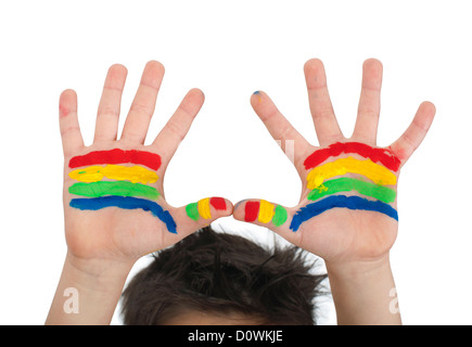 Children's hands painted with colorful paint. White isolated Stock Photo