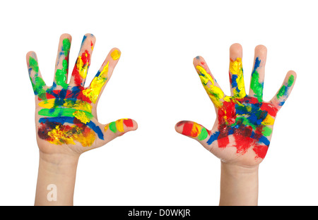 Children's hands painted with colorful paint. White isolated Stock Photo