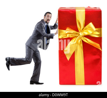 Businessman with gift boxes on white Stock Photo