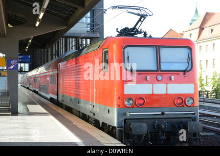 Train is waiting the passengers at the empty station in Berlin. Stock Photo