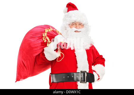 Santa Claus bag full of gifts on white background Stock Photo - Alamy