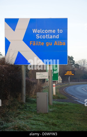 Welcome to Scotland road signpost with Gaelic writing on the border with England in the UK. Europe Stock Photo