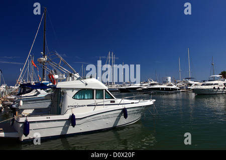 Sailing boats in the harbour bay at Santa Eulalia resort, Ibiza Island, Balearic Isles, Spain, Europe Stock Photo