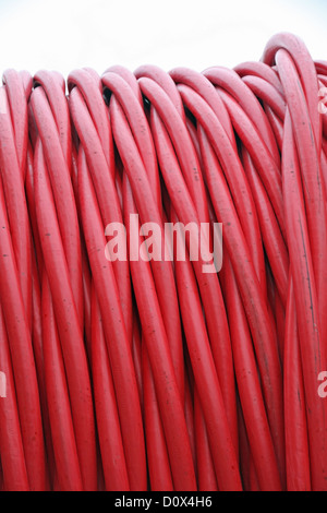 Red detail detailed pipes and electric wires between coils Stock Photo