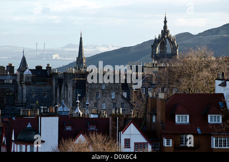 The view over the Royal Mile towards Cockenzie Power Station from Edinburgh Castle, Scotland. Stock Photo