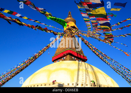 Men painting Boudhanath Stupa, Kathmandu, Kathmandu Valley, UNESCO World Heritage Site, Nepal Stock Photo