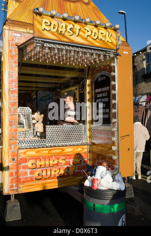 Roast Pork, Chips and Curry   Mobile food stalls & vans Skipton Christmas market, Yorklshire, UK Stock Photo