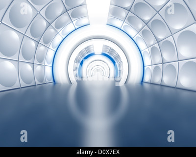 Futuristic tunnel like spaceship corridor with glowing lights Stock Photo