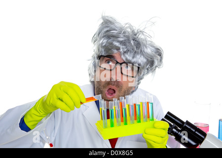 Crazy mad nerd scientist funny expression at laboratory on chemical experiment Stock Photo