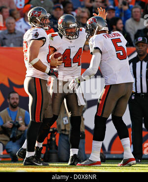 Dec. 2, 2012 - Florida, U.S. - Denver) Tampa Bay Buccaneers tight end Dallas Clark (44) celebrates his first quarter touchdown with tight end Luke Stocker (88) and quarterback Josh Freeman (5). FIRST HALF ACTION: The Tampa Bay Buccaneers play the Denver Broncos at Sports Authority Field at Mile High on Sunday. At halftime, the Tampa Bay Buccaneers lead, 10-7. (Credit Image: © Daniel Wallace/Tampa Bay Times/ZUMAPRESS.com) Stock Photo