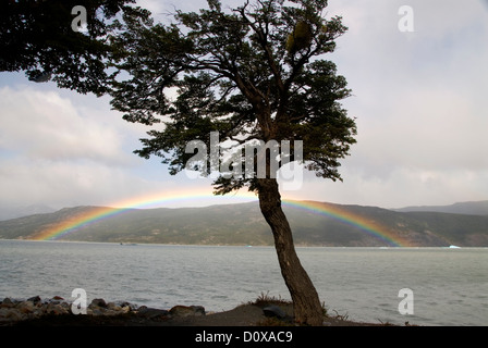 Rainbow over Lago Grey in Torres Del Paine National Park, Patagonia, Chile. Stock Photo