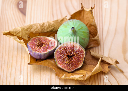 Seasonal still life: figs on a dried brown leaf. Stock Photo