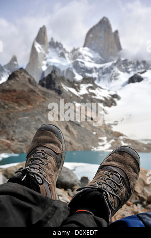 Feet in front of the Monte Fitz Roy in Los Glaciares National Park., El Chalten, Argentina Stock Photo