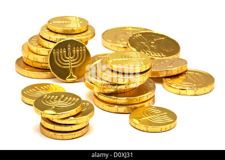 Chocolate Gold Coins with Jewish Menorah embossed Hanukkah Gelt Stock Photo