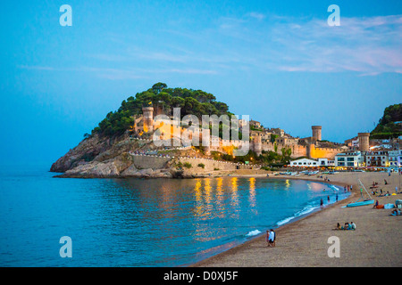 Spain, Europe, Catalonia, Costa Brava Coast, Tossa de Mar, town, Tossa castle, sunset, beach, blue, castle, coast, Costa Brava, Stock Photo