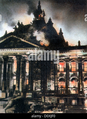 Reichstag Fire, fire, German, Parliament, Van der Lubbe, communists, Nazis, Third Reich, photolithograph, 1933 Stock Photo