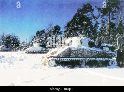 Battle, Bulge, Three, American, M4, Sherman, tanks, St. Vith, Battle, Bulge, Ardennes, Offensive, World War II, Belgium, 1944 Stock Photo