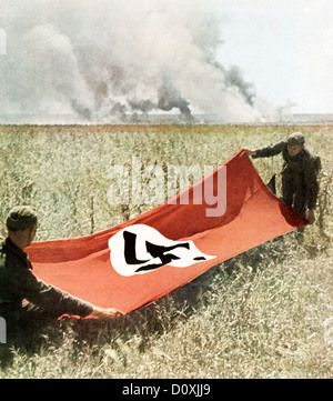 Operation, Barbarossa, Two, Wehrmacht, soldiers, holding, Swastika, flag t, Fighting, Eastern Front, Russia, World War II, Sovie Stock Photo