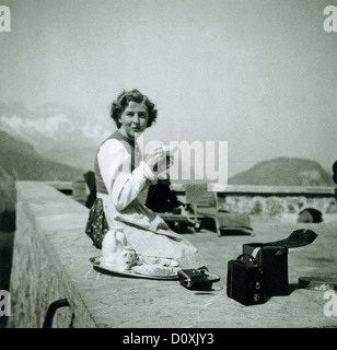 Eva Braun, Braun, sitting, terrace, Bavarian dress, box, camera, Berghof, Berchtesgaden, Germany, 1942, wife, mistress, Adolf Hi Stock Photo