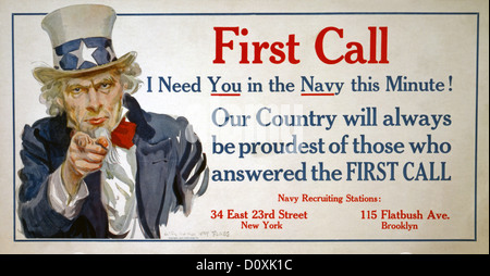 USA, World War I, American, recruitment, poster, Uncle Sam, pointing, First call, Navy, 1917, Stock Photo
