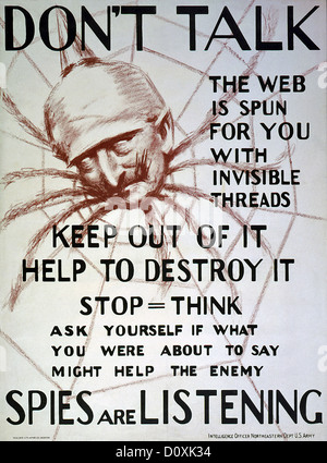 USA, World War I, American, propaganda, poster, Kaiser, Wilhelm II, 1, spider, Don't talk, web i, spies, listening, warning, 191 Stock Photo