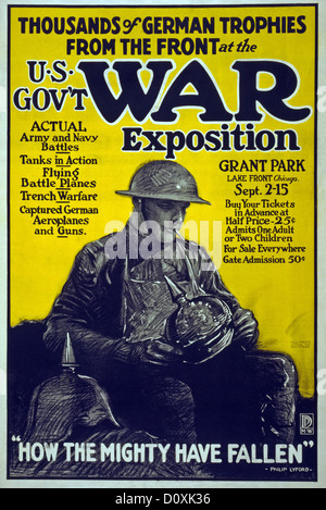 USA, World War I, American, propaganda, poster, soldier, German, helmets, trophies, exposition…, 1917, Stock Photo