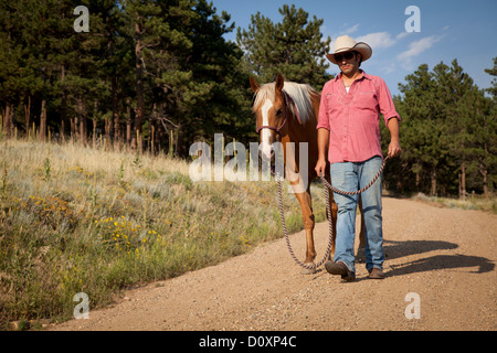 Man and horse walking on dirt road Stock Photo