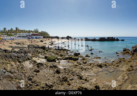 Spain, Lanzarote, Puerto del Carmen, Playa Chica, landscape, water, summer, beach, sea, people, Canary Islands, Stock Photo