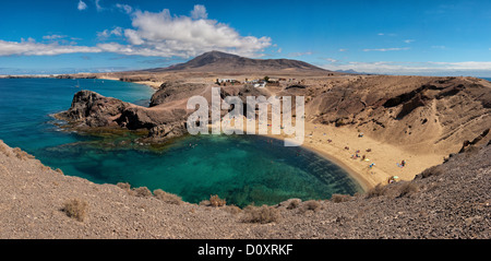 Spain, Lanzarote, Playa Blanca, Playa del Papagayo, landscape, water, summer, beach, sea, people, Canary Islands, Stock Photo