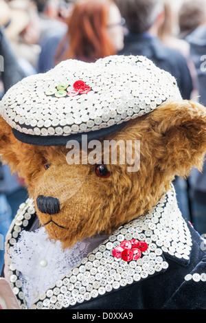 England, London, Teddy Bear dressed in Pearly Costume Stock Photo