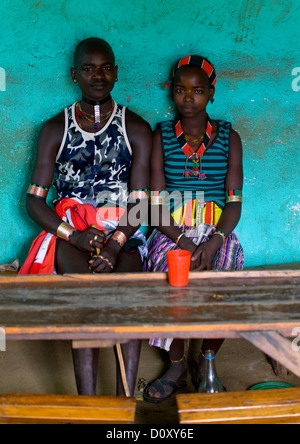 Portrait Of A Young Couple From Hamar Tribe In A Bar, Turmi, Omo Valley, Ethiopia Stock Photo