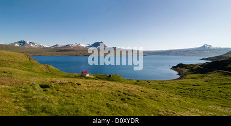 Remote house on the side of Reykjarfjodur, near Djupavik, on the Strandir coast, Iceland Stock Photo