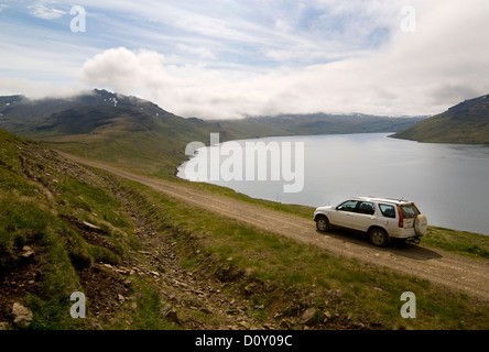 Driving above Ingolfsfjordur, Strandir Coast, Westfjordur, Iceland Stock Photo