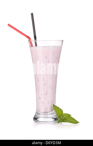 Cherry milk smoothie with mint and drinking straws. Isolated on white background Stock Photo