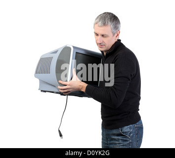 Man throws old TV Stock Photo