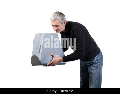 Man throws old TV Stock Photo