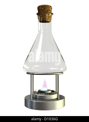 A regular empty chemistry bottle sealed with a cork on a lit bunsen burner on an isolated background Stock Photo